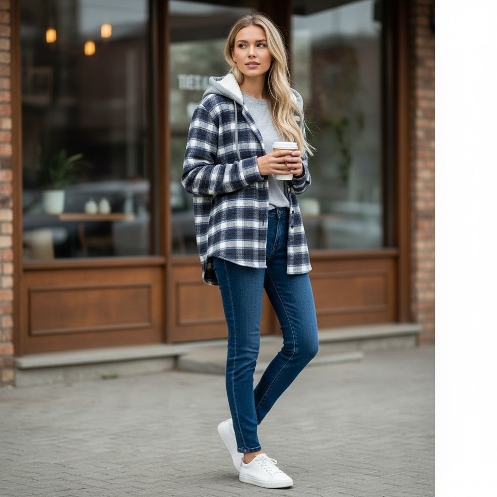 Ciso Plaid Collection Sherpa Lined‎ Hooded Flannel Shirt Jacket Women's Size L